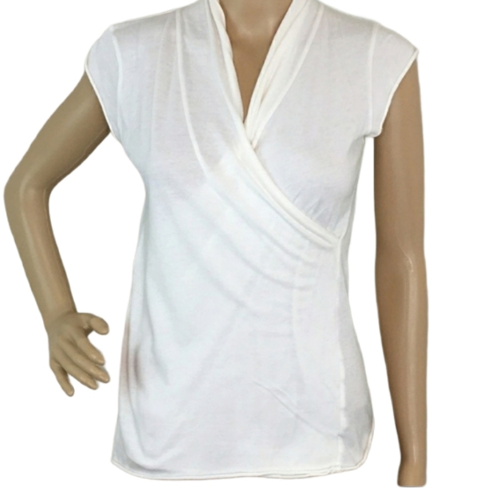 CAbi White Short Sleeve Crossover Blouse EUC sz S